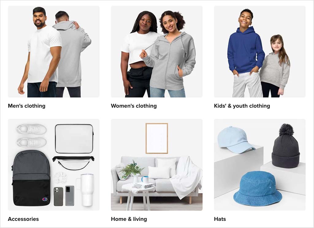 Product categories in Printful.