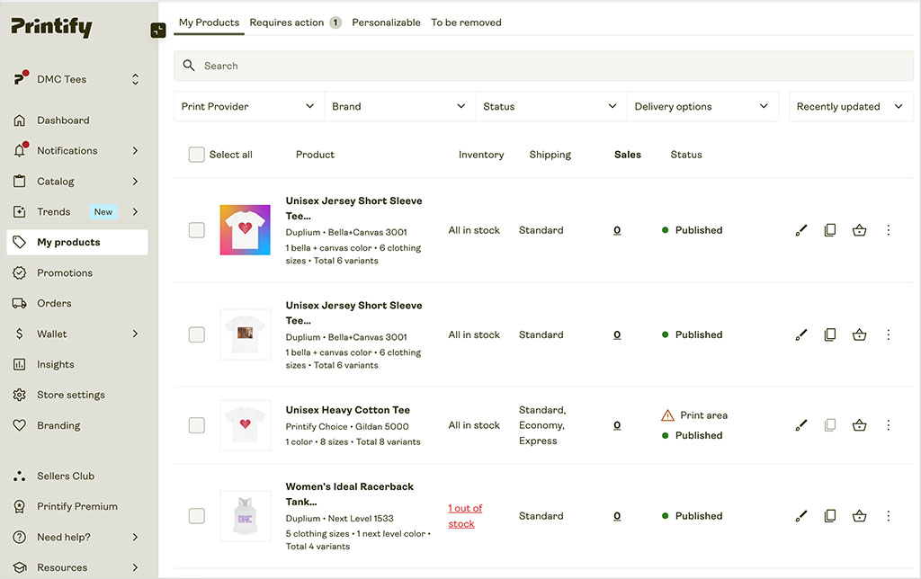 Printify dashboard