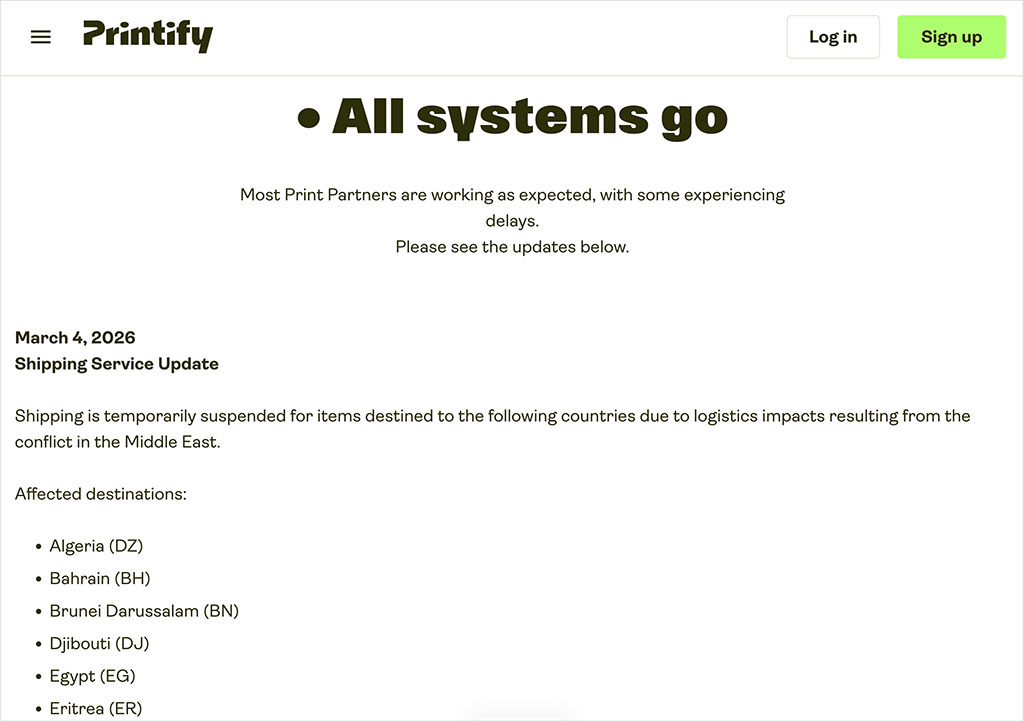 Printify print provider status page.