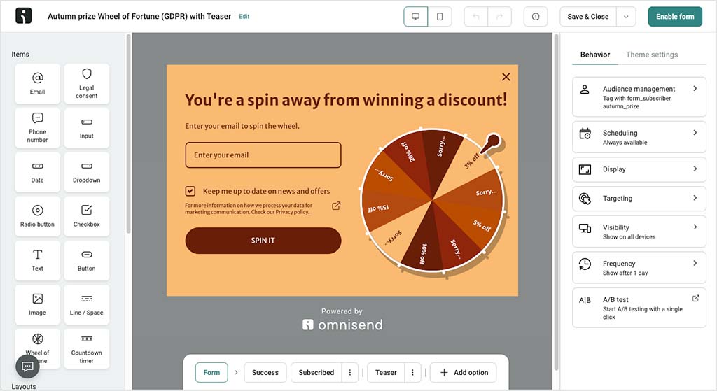 Setting up an interactive 'Wheel of Fortune' form in Omnisend