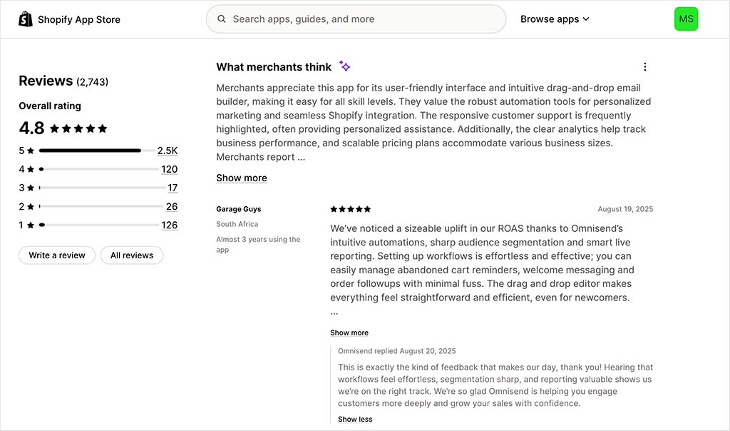 Shopify merchant feedback on Omnisend