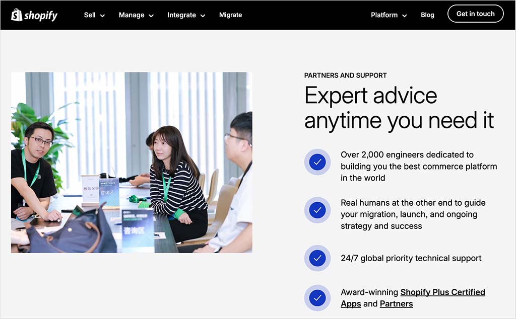 The web page about Shopify's merchant success manager service