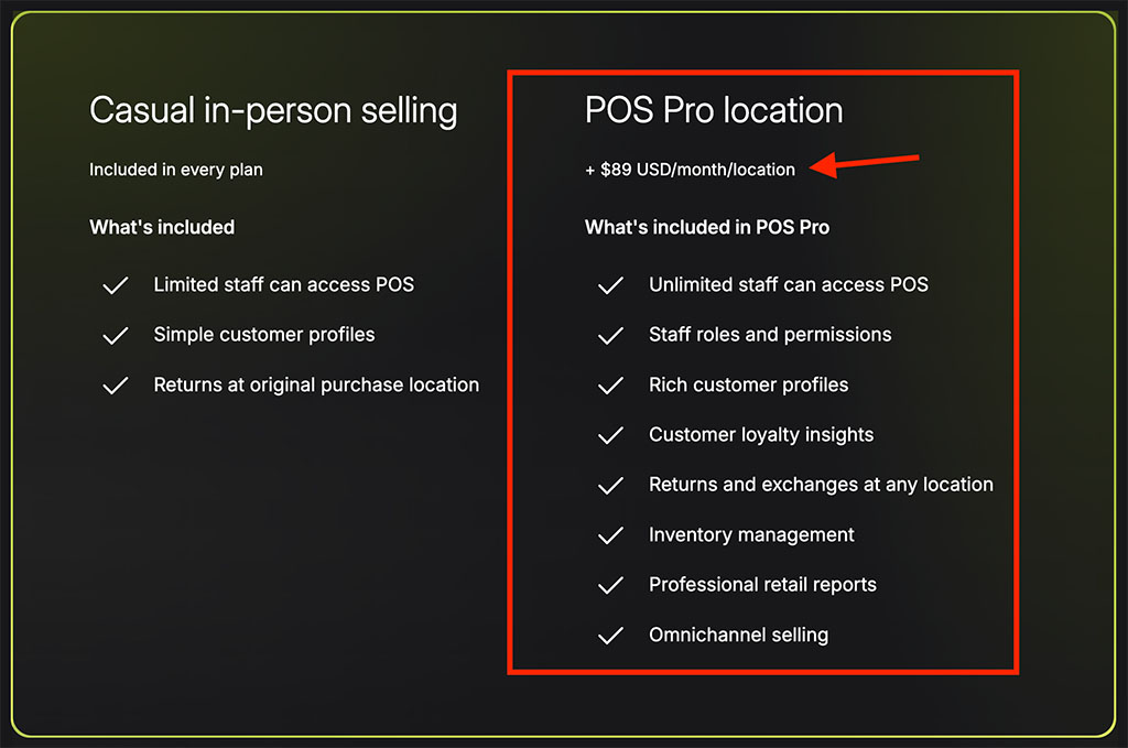 Pricing for Shopify's 'POS Pro' subscription.