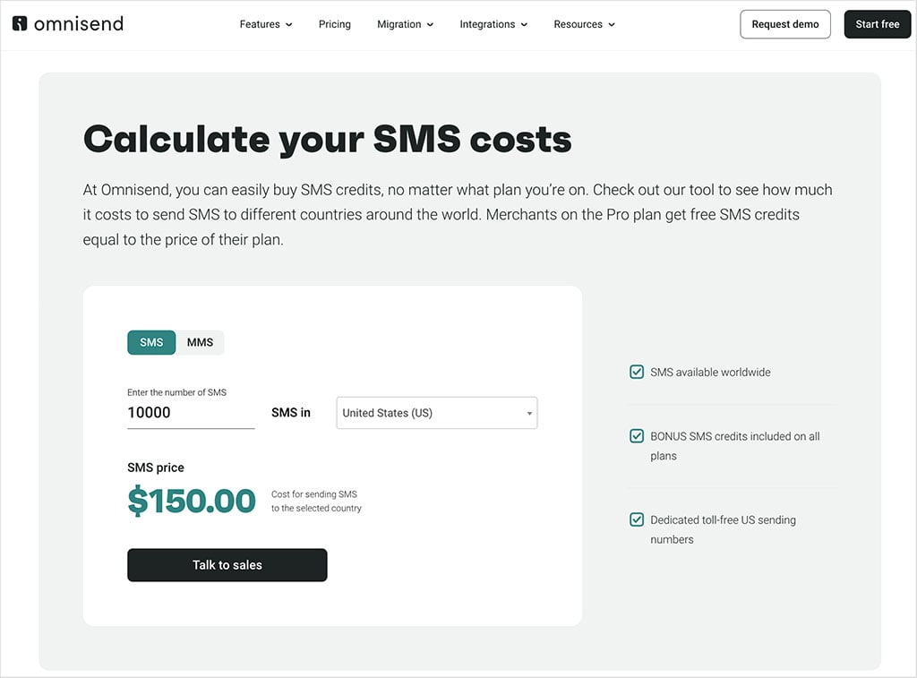 Omnisend's SMS cost calculator
