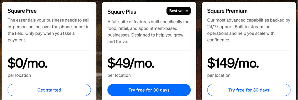 Square pricing plans