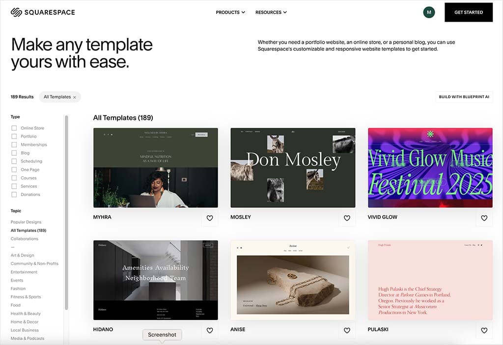 The Squarespace template library