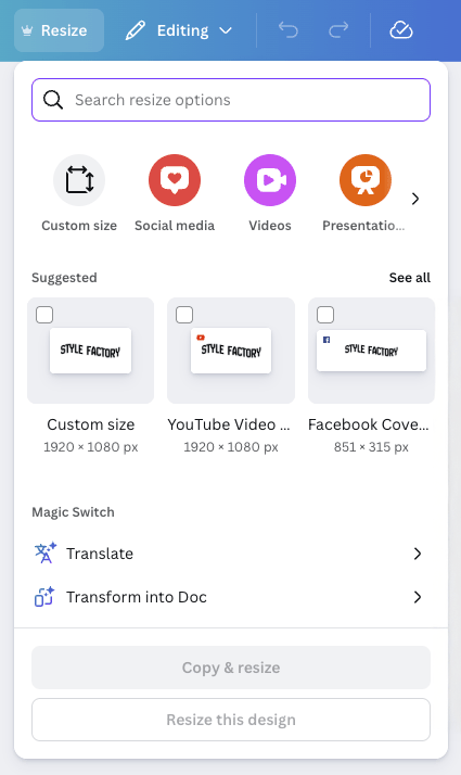 Using the 'Magic Resize' tool in Canva