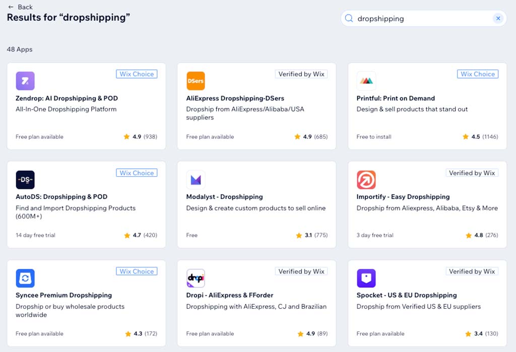 Some of the dropshipping apps that you can use with Wix