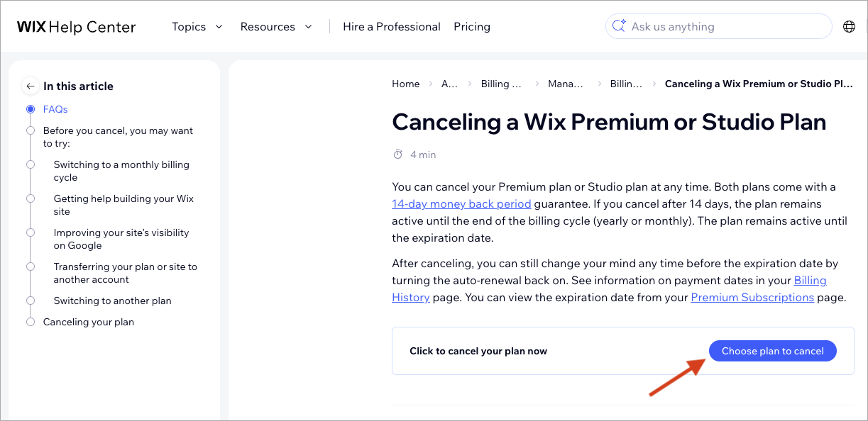 The 'Canceling a Wix Premium or Studio Plan' page on the Wix website