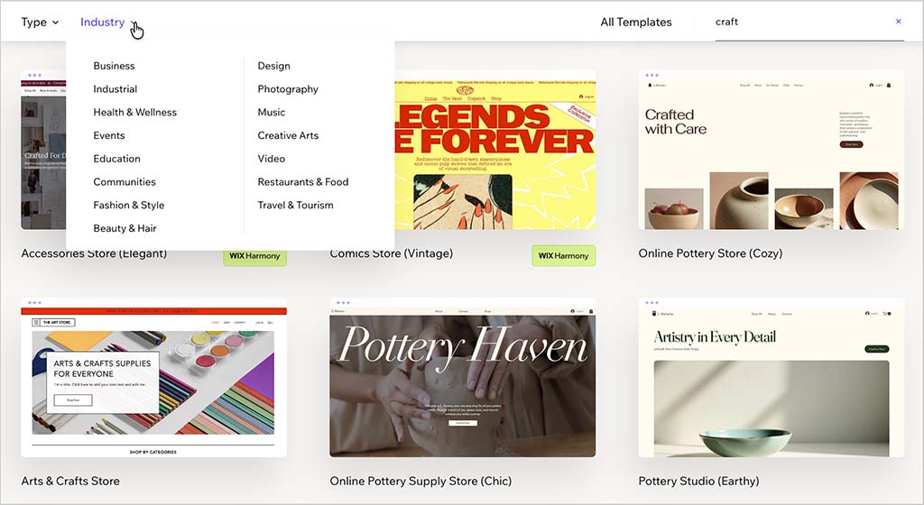 The template selection process in Wix