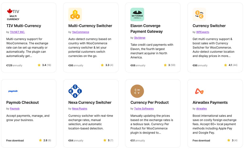 A selection of multi-currency plugins that are currently available for WooCommerce