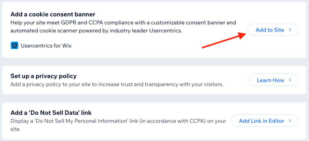 Using Wix's built-in cookie consent banner tool