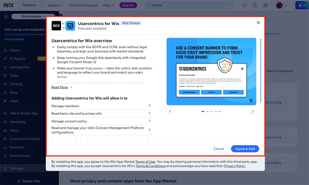 Setting up a cookie consent banner in Wix