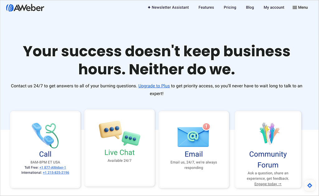 AWeber customer support page.