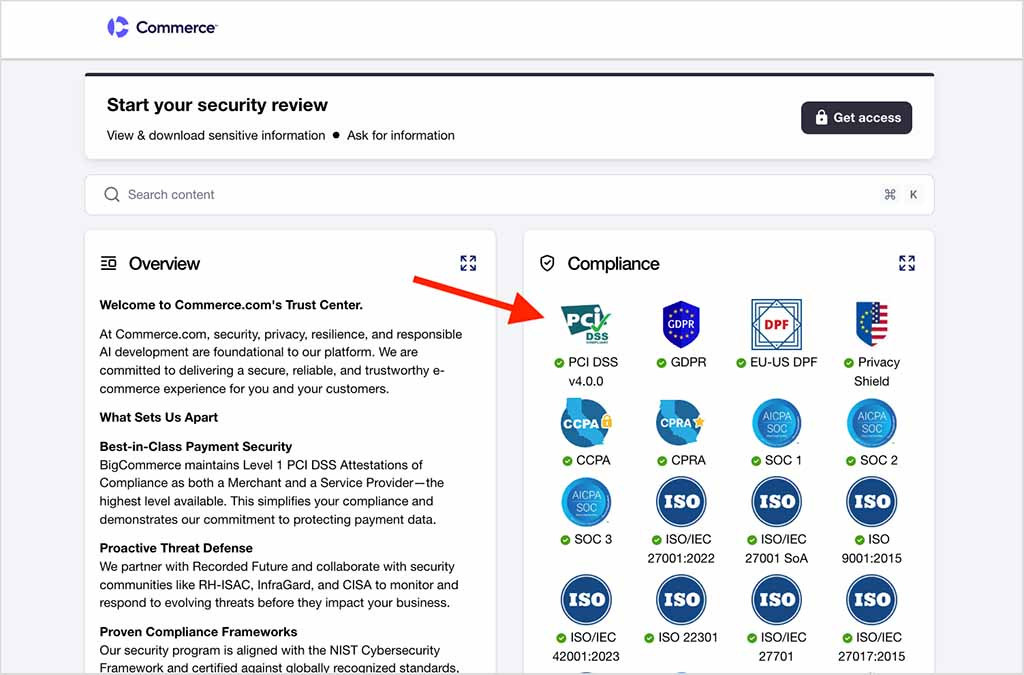 BigCommerce security and privacy certifications.