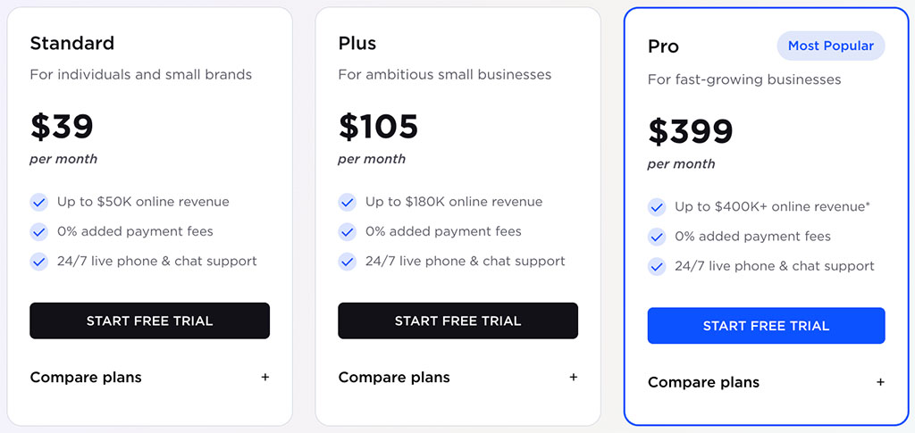 Monthly pricing for BigCommerce's 'Standard,' 'Plus' and 'Pro' plans