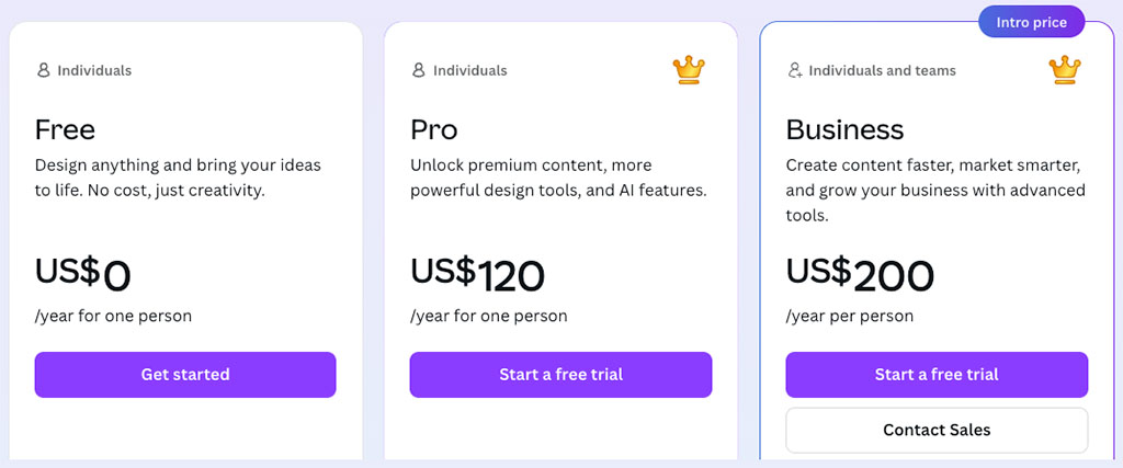 Canva's three main pricing plans.