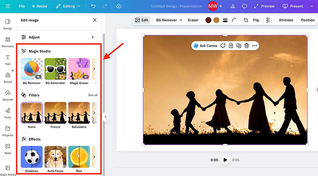 Some of Canva's photo editing tools