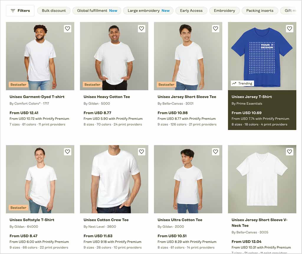 Choosing products in Printify