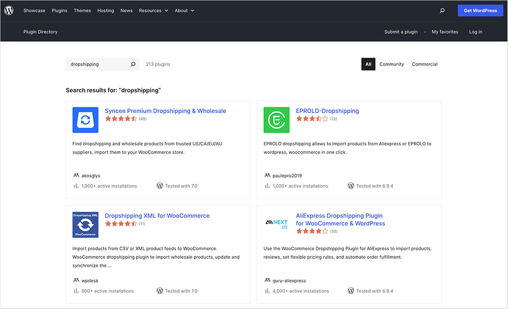 Dropshipping plugins in the Wordpress plugin directory