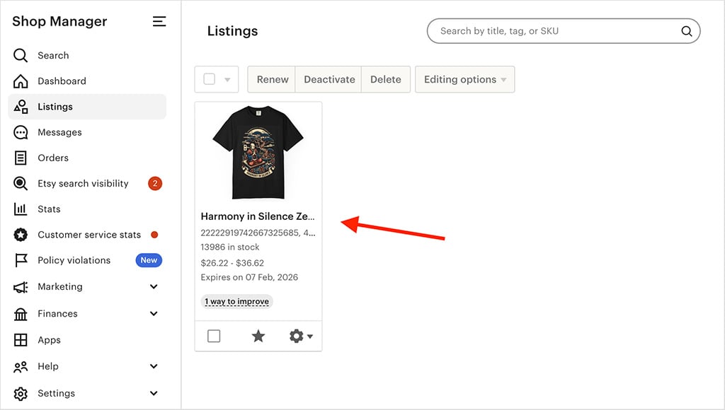 Product in the listings section of the Etsy Shop Manager