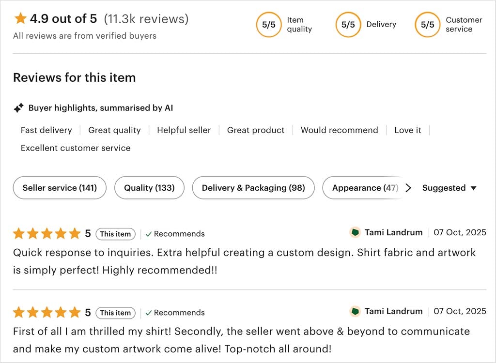 Product reviews in Etsy