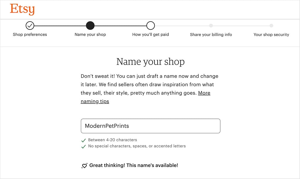 Etsy shop setup steps