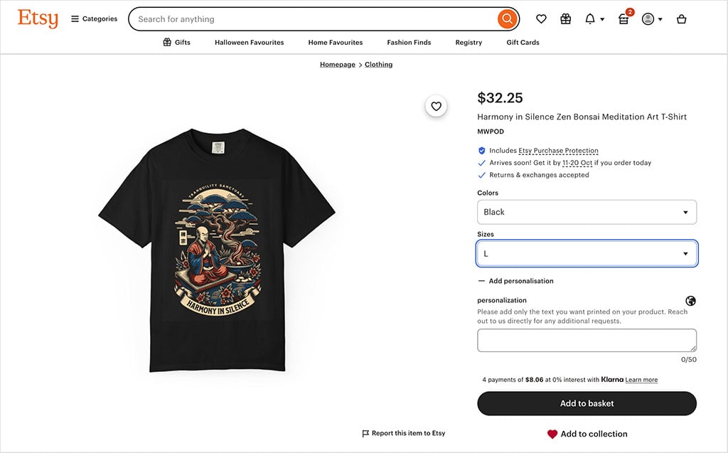 Live Etsy product listing