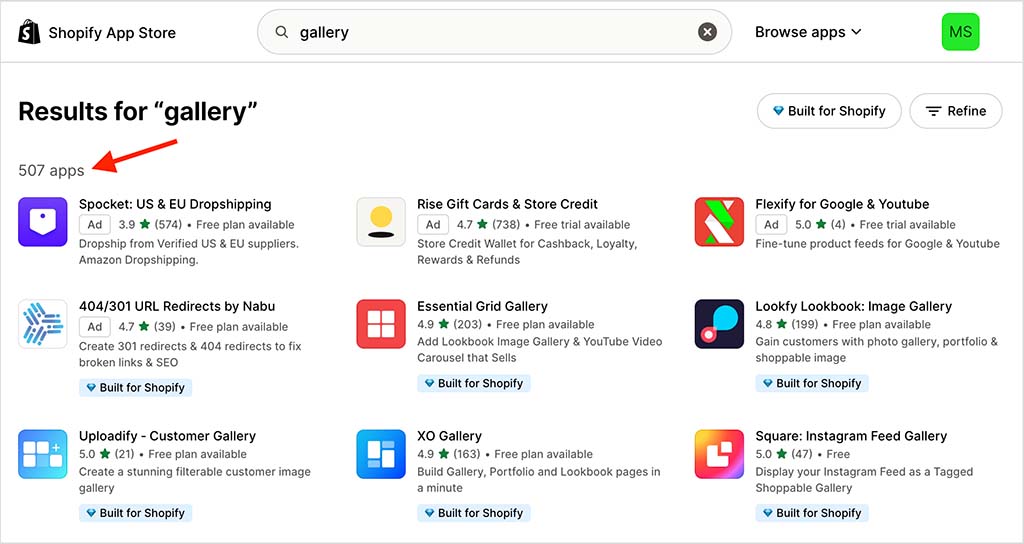 Gallery apps in the Shopify app store