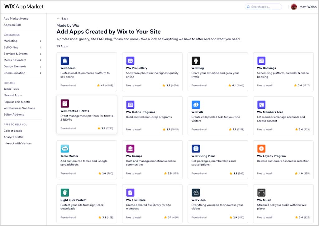 A selection of the 'Made by Wix' app in Wix's app market