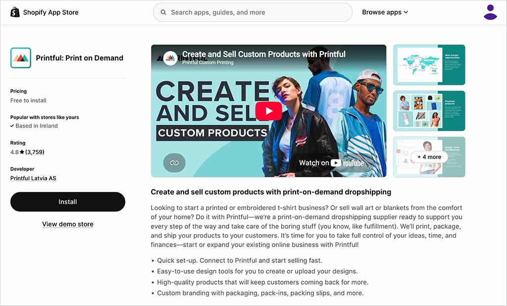 The Printful app in the official Shopify app store.