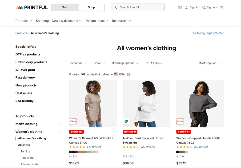 Browsing products in the Printful product catalog.