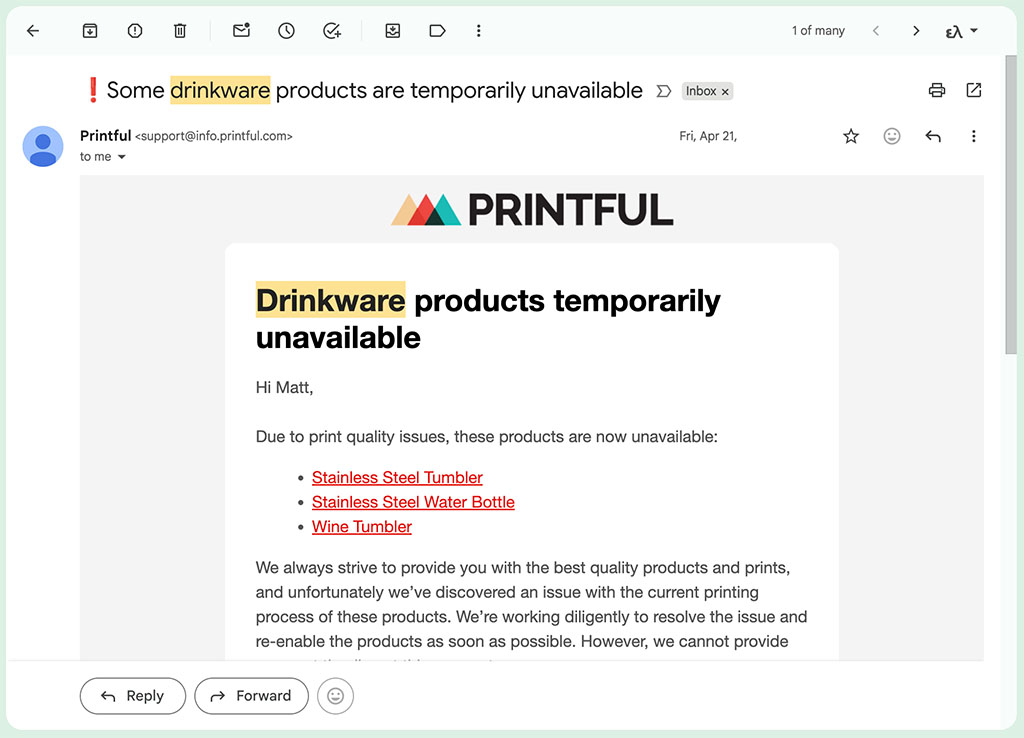 Printful product removal email