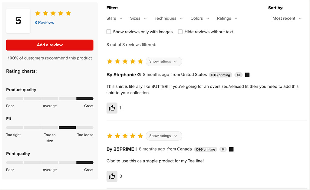 Product reviews from other Printful users