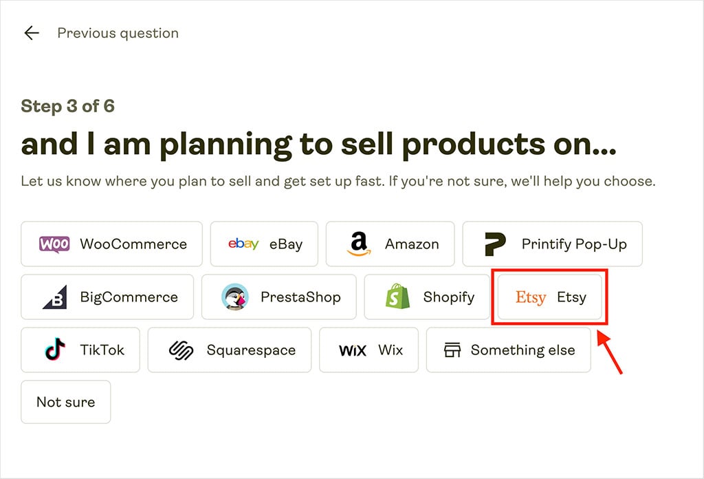 Selecting Etsy during the Printify onboarding process