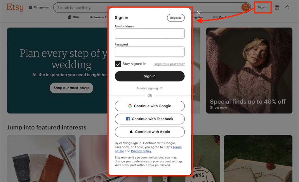 Signing up for an Etsy account