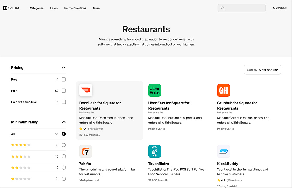 Some of the restaurant apps available in Square's app marketplace