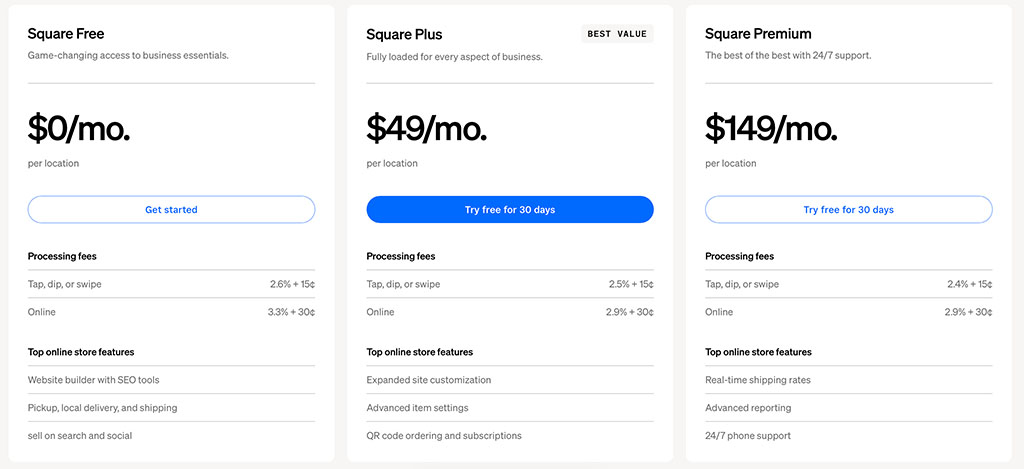 Square Online plans — unlike Shopify, Square lets you create a free online store.
