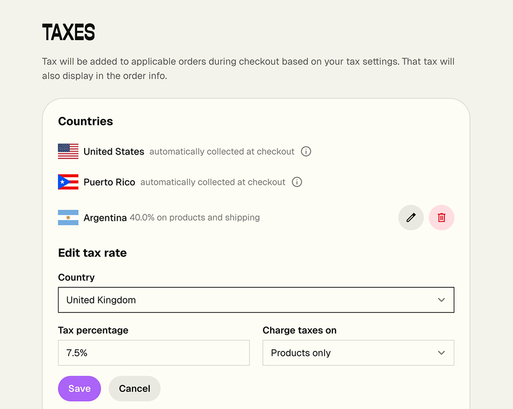 Tax settings in Big Cartel