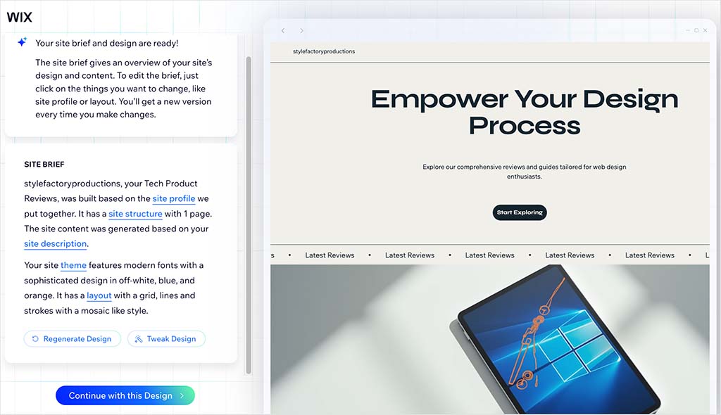 The Wix AI website builder interface