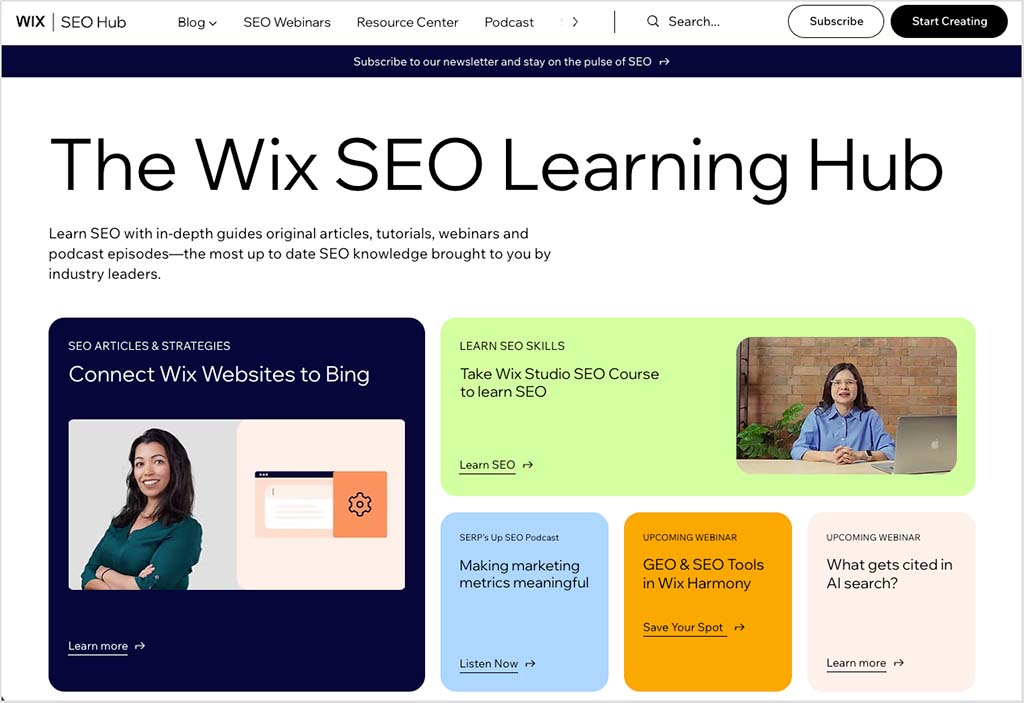 Wix's 'SEO Learning Hub' resource page.