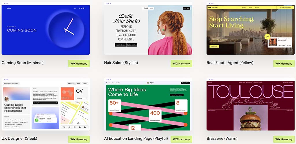 A selection of Wix templates