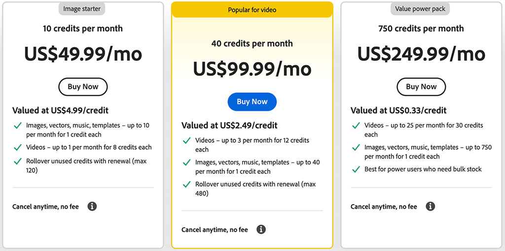 Adobe Stock pricing plans