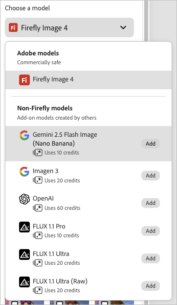 AI models that you can use to generate images with in Adobe Express