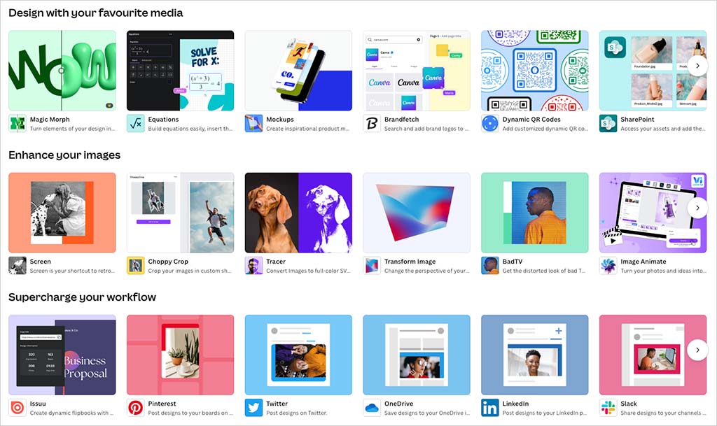 Some of the 300 apps available in the Canva app directory
