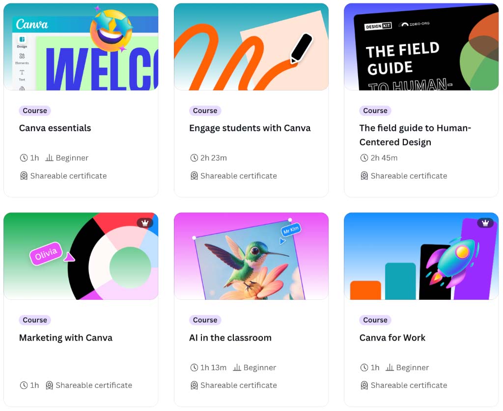 Some of the free design courses available in Canva.