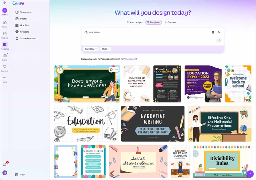 Some of the many education-focused templates available in Canva