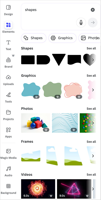 The Canva 'Elements' section
