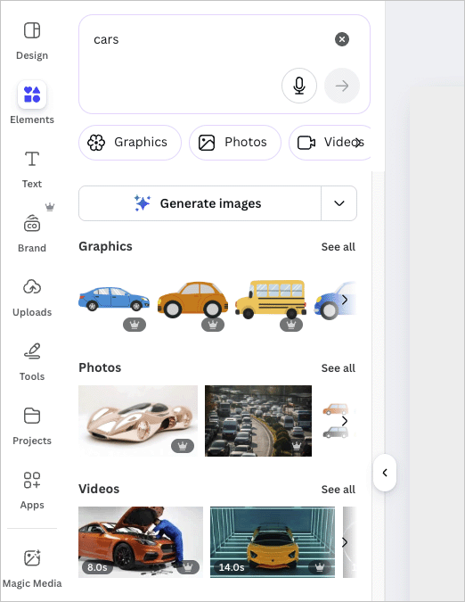 The 'elements' tab in Canva