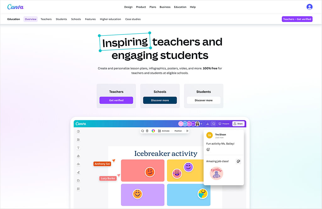 Canva for Education home page